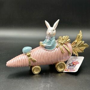 Pink and Gold Bunny Rabbit Figurine in Carrot Car, Easter